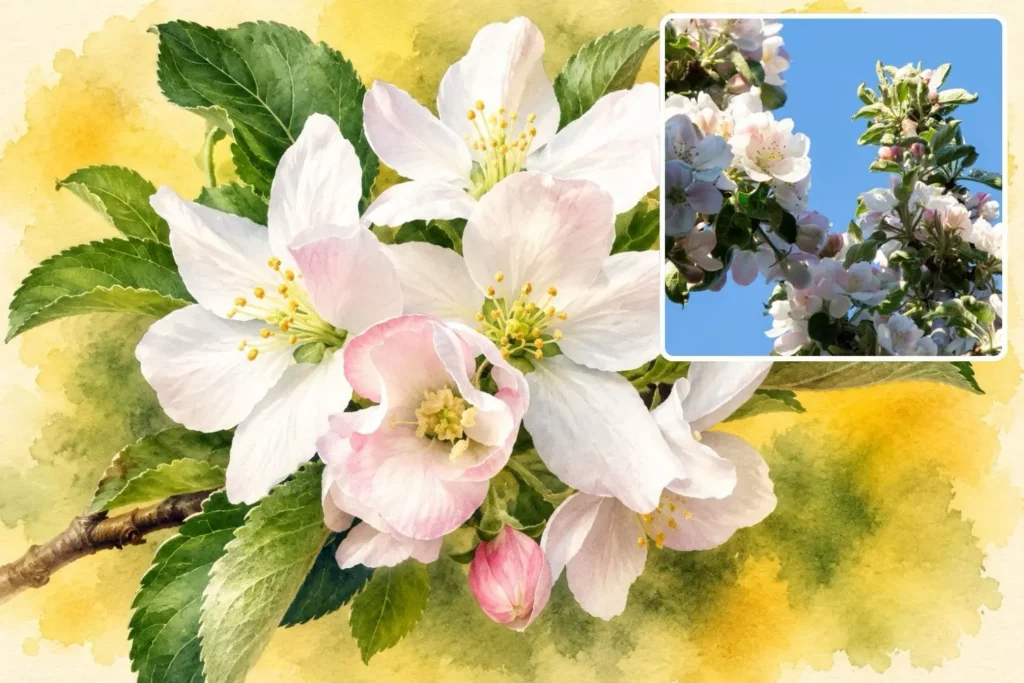 Aquarellillustration des Säulenapfels ‘Arbat’ (Malus ‘Arbat’) mit weiß-rosa Apfelblüten.