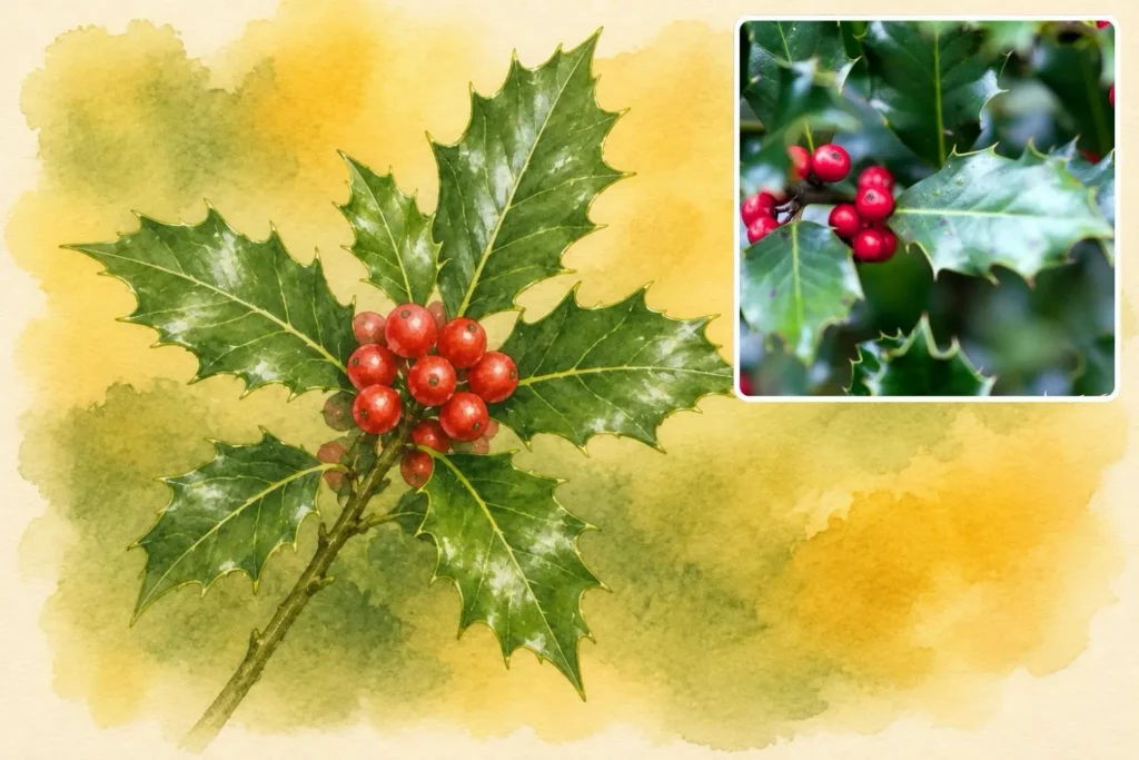 Aquarellillustration der Stechpalme ‘Alaska’ (Ilex aquifolium ‘Alaska’) mit roten Beeren und glänzenden Blättern.