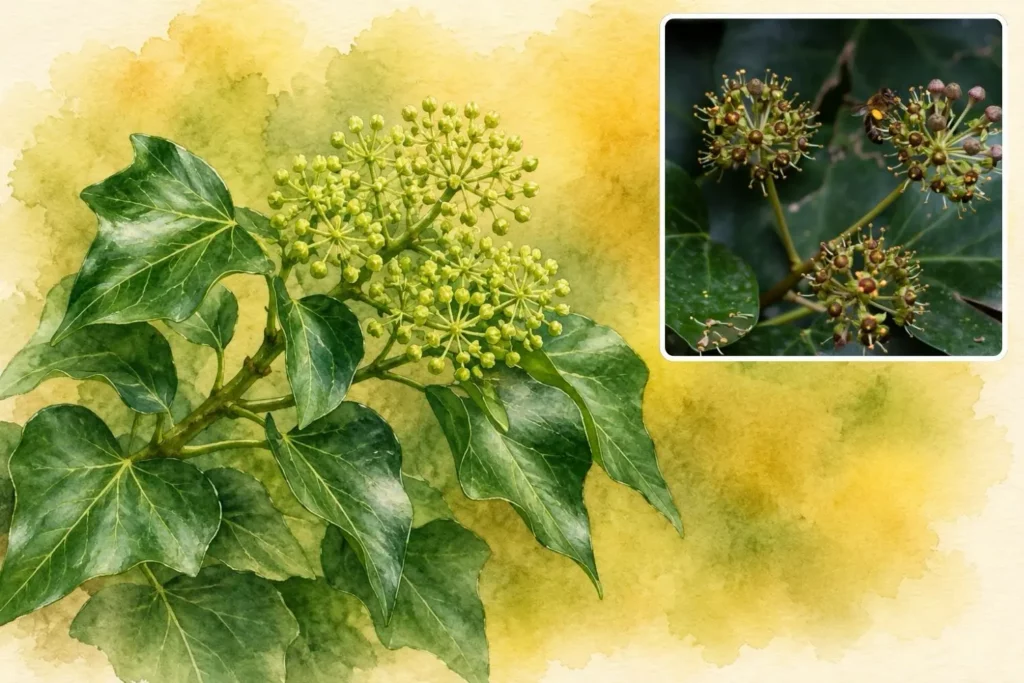 Aquarellillustration von Strauchefeu (Hedera helix ‘Arborescens’) mit kugeligen Blütenständen.