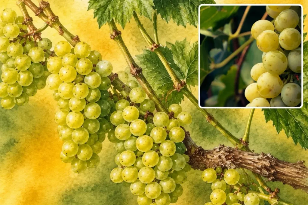 Aquarellillustration der Weinrebe ‘Solaris’ (Vitis vinifera ‘Solaris’) mit reifen, hellgelben Trauben.