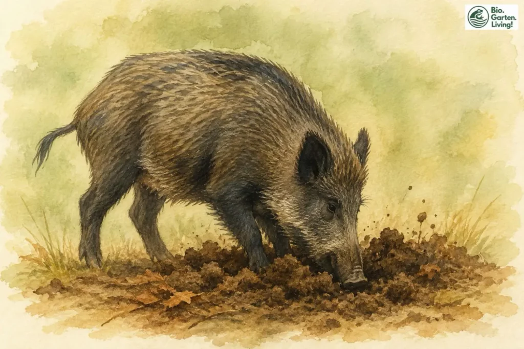 Wildschwein wühlt mit dem Rüssel im Waldboden nach Nahrung