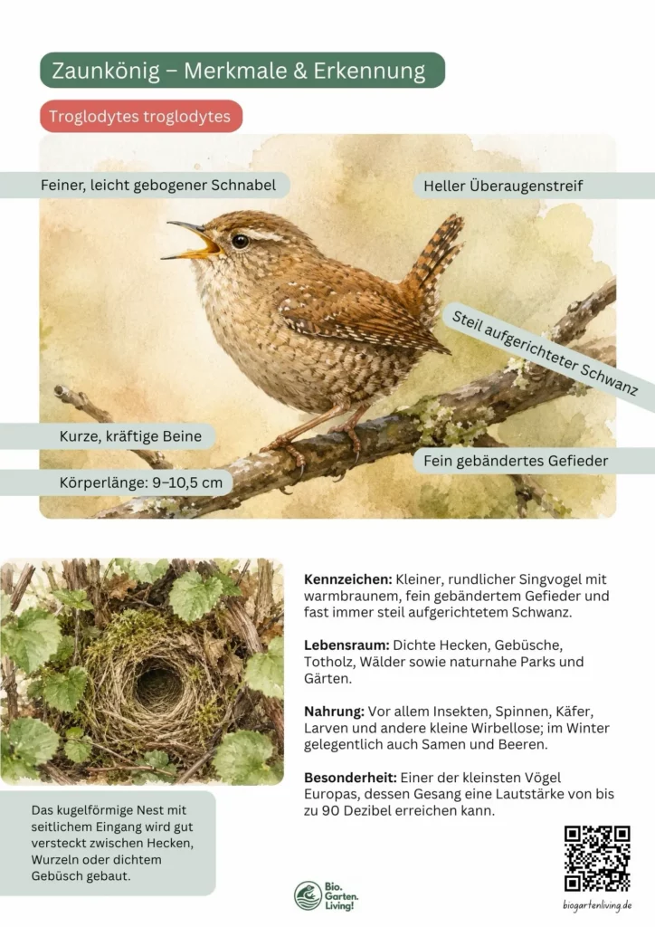 Steckbrief des Zaunkönigs mit Erkennungsmerkmalen, Lebensraum, Nahrung und Besonderheiten als PDF zum Herunterladen.