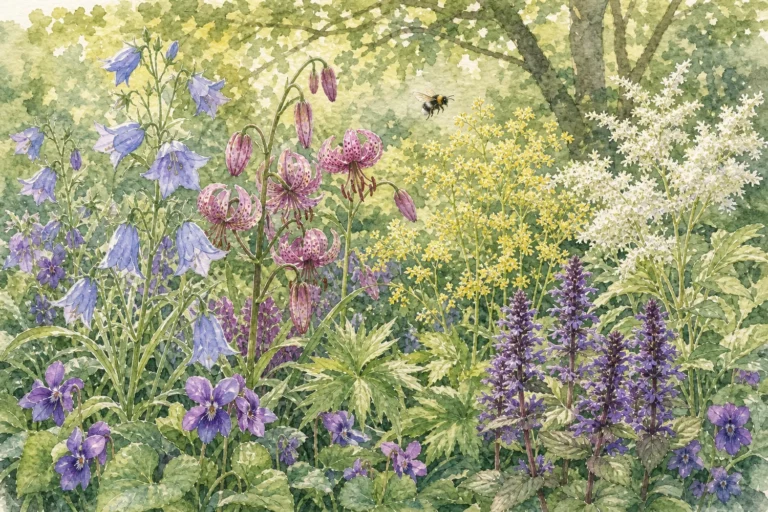 25 heimische Wildstauden für halbschattige Standorte Aquarellillustration eines blütenreichen halbschattigen Staudenbeets mit heimischen Wildstauden
