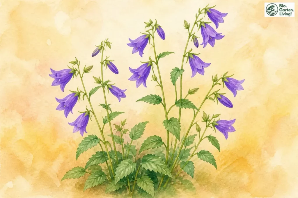 Aquarell der Acker-Glockenblume (Campanula rapunculoides) mit violetten Glockenblüten