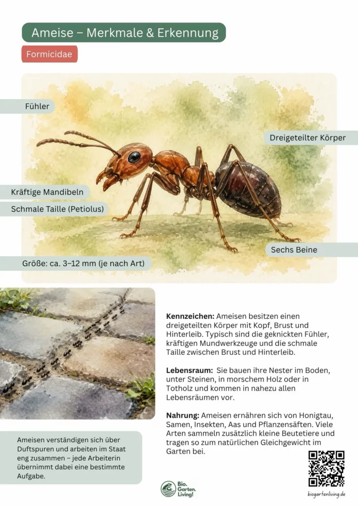 Steckbrief einer Ameise mit beschrifteten Merkmalen wie Fühlern, Mandibeln, Taille (Petiolus) und dreigeteiltem Körper.