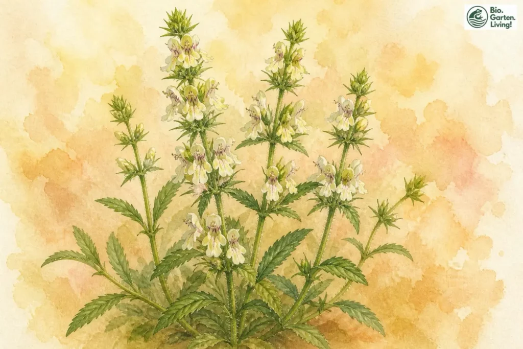 Aquarell des Aufrechten Ziests (Stachys recta) mit cremeweißen Lippenblüten