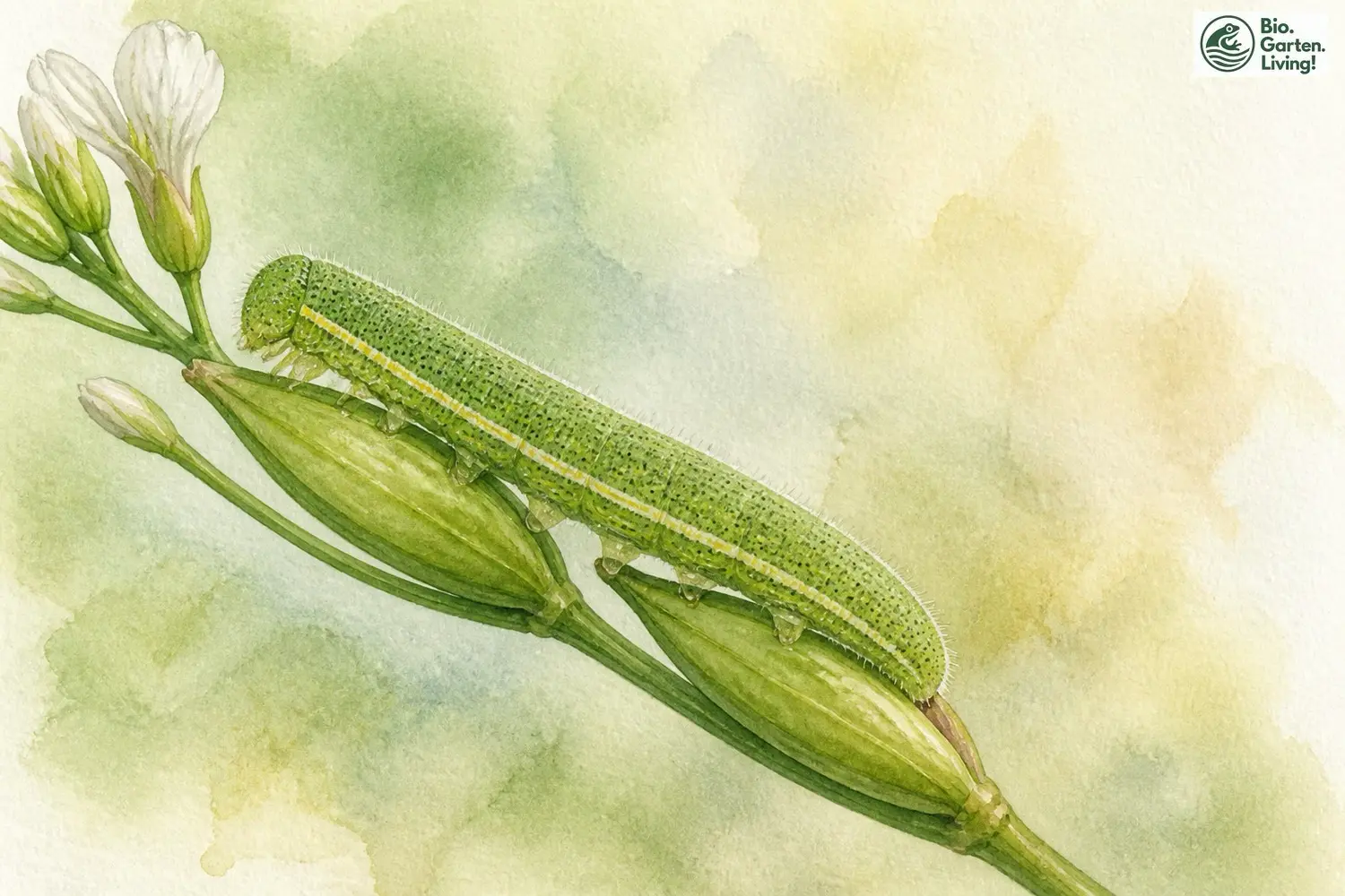 Raupe des Aurorafalters (Anthocharis cardamines) am Wiesen-Schaumkraut