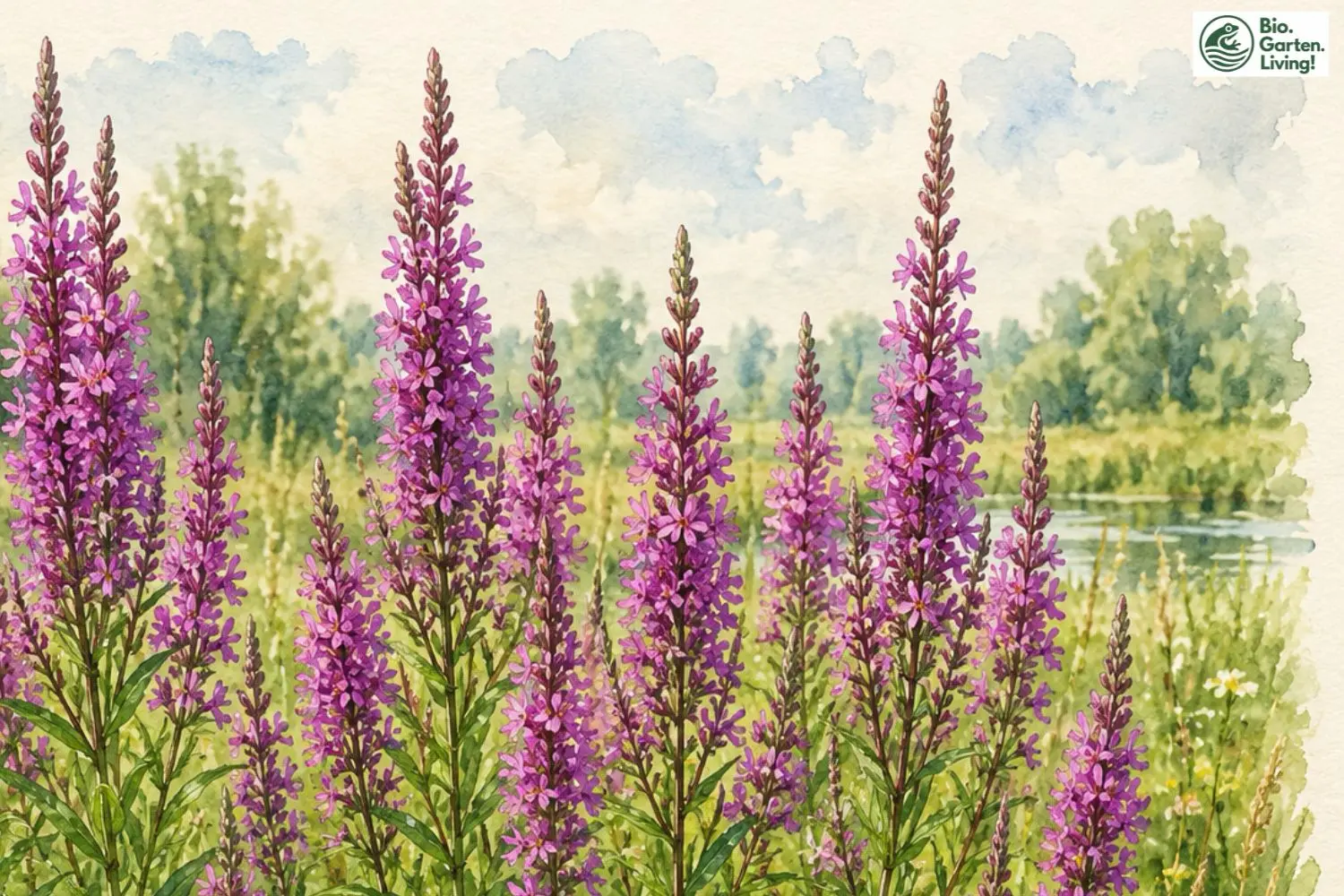 Aquarellillustration des Blutweiderichs (Lythrum salicaria) am Gewässer