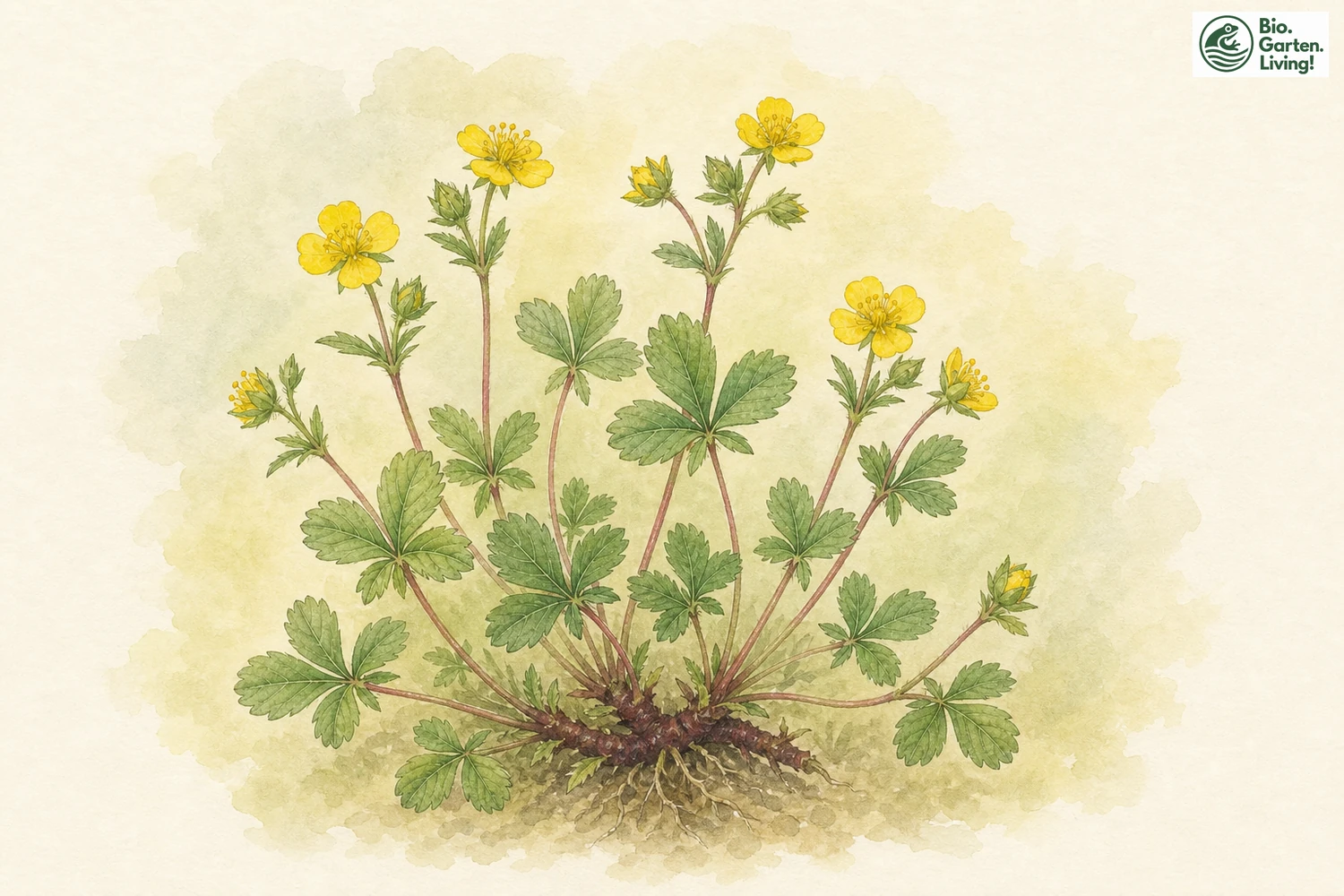 Aquarellillustration der Blutwurz (Potentilla erecta) mit vierzähligen gelben Blüten und geteilten Blättern