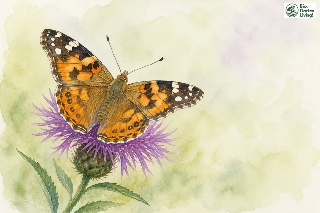 Distelfalter (Vanessa cardui) auf einer Wiesen-Flockenblume – Aquarell