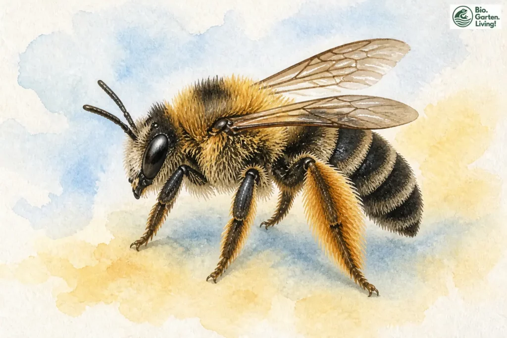 Aquarell der Dunkelfransigen Hosenbiene (Dasypoda hirtipes)
