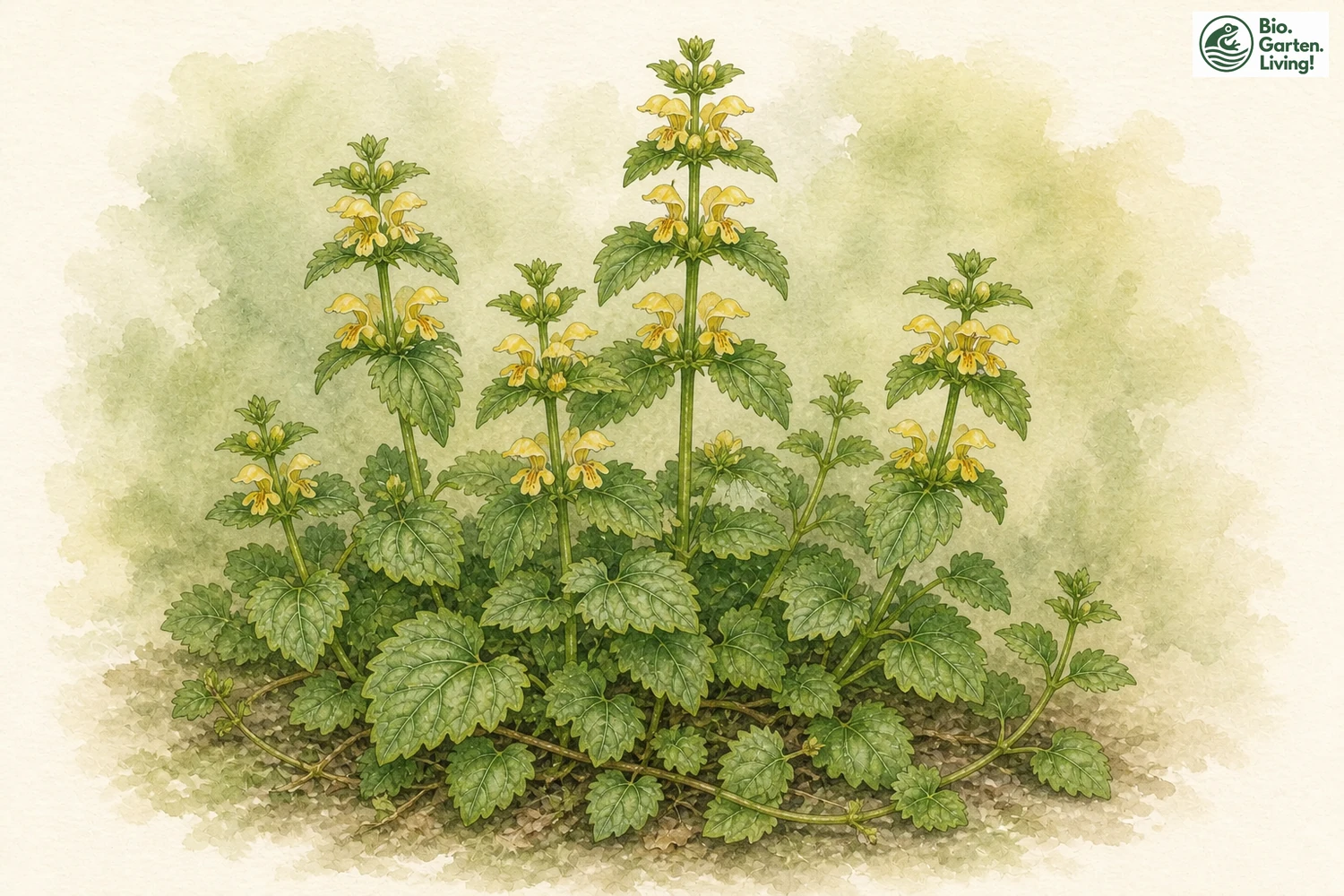 Aquarellillustration der Echten Goldnessel (Galeobdolon luteum) mit gelben Lippenblüten und grünen Blättern