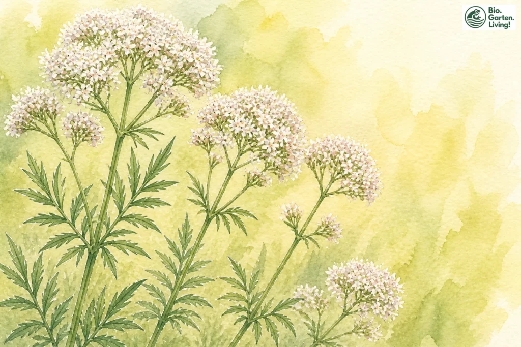 Aquarellillustration des Echten Baldrians (Valeriana officinalis)