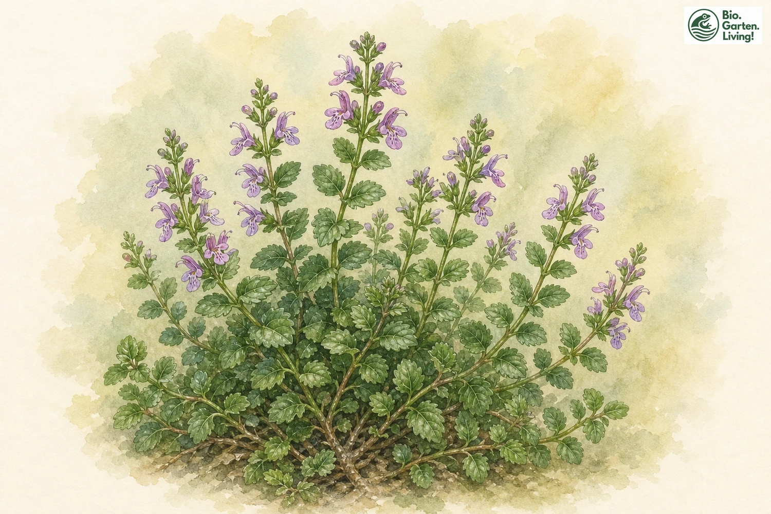 Aquarellillustration des Edel-Gamanders (Teucrium chamaedrys) mit rosavioletten Lippenblüten