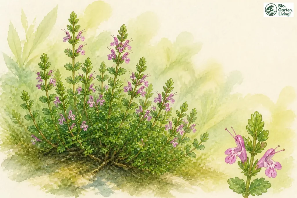 Aquarell des Edel-Gamanders (Teucrium chamaedrys) mit rosafarbenen Lippenblüten und kleinen gezähnten Blättern