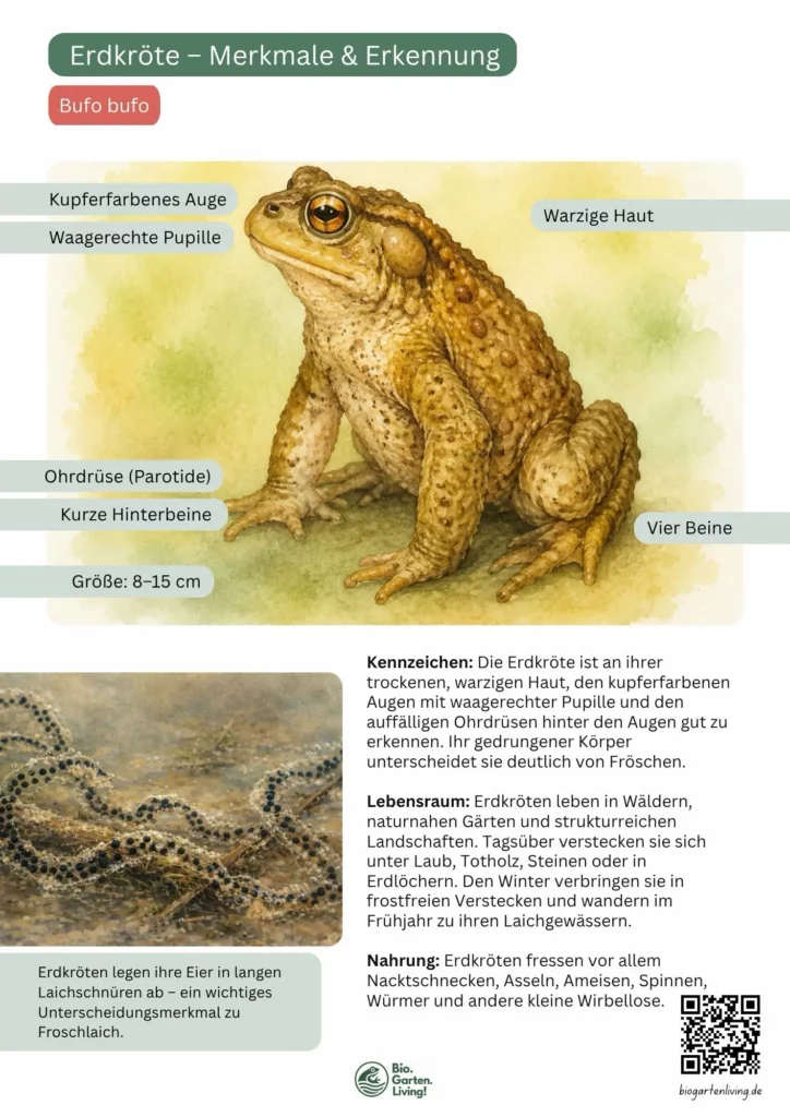 Steckbrief einer Erdkröte mit beschrifteten Merkmalen wie warziger Haut, Ohrdrüsen, waagerechter Pupille und kupferfarbenem Auge.