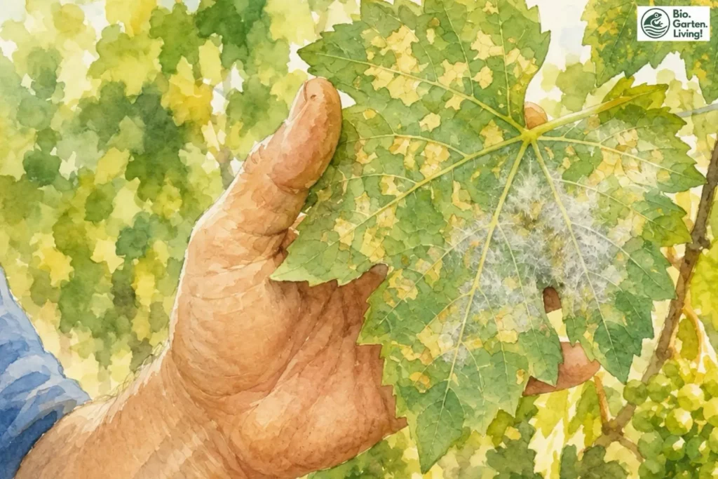 Falscher Mehltau mit gelblichen Flecken auf einem Weinblatt