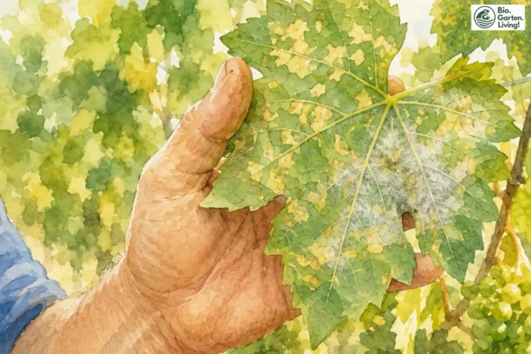 Mehltau erkennen und natürlich bekämpfen: Echter oder Falscher Mehltau? Falscher Mehltau mit gelblichen Flecken auf einem Weinblatt