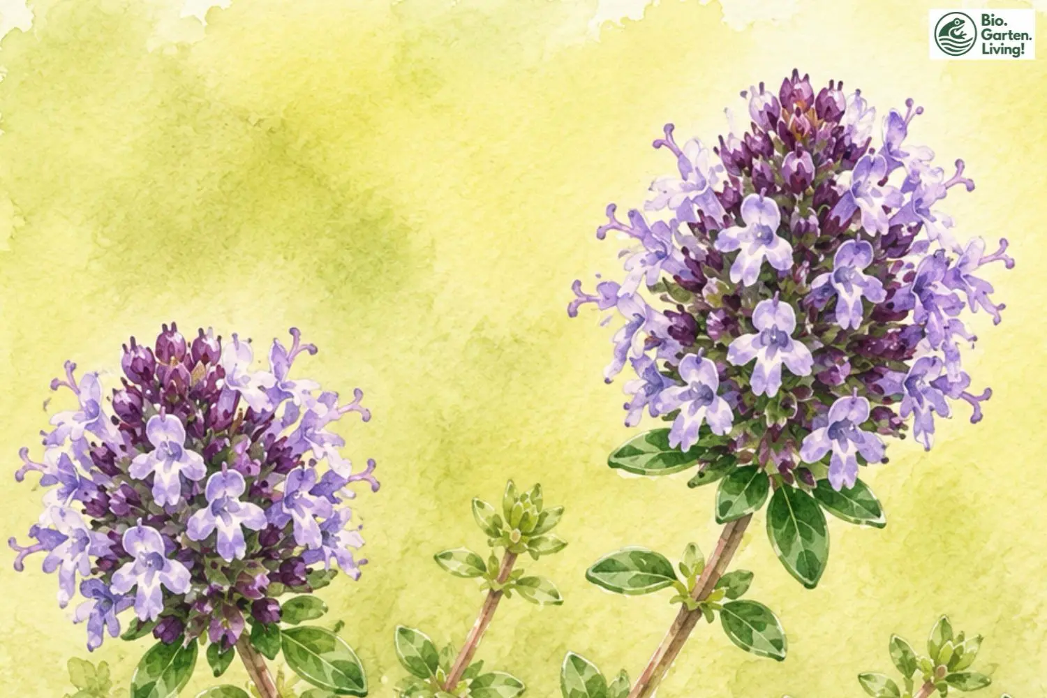 Aquarellillustration des Feld-Thymians (Thymus serpyllum) mit violetten Blüten