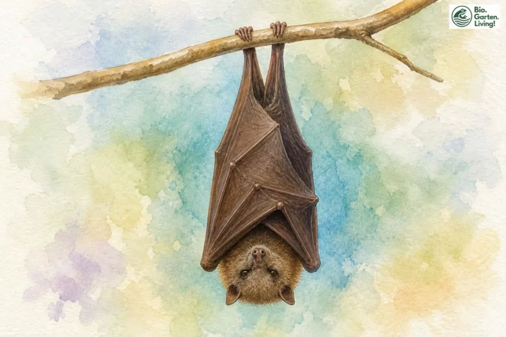 Fledermaus hängt kopfüber mit gefalteten Flügeln an einem Ast