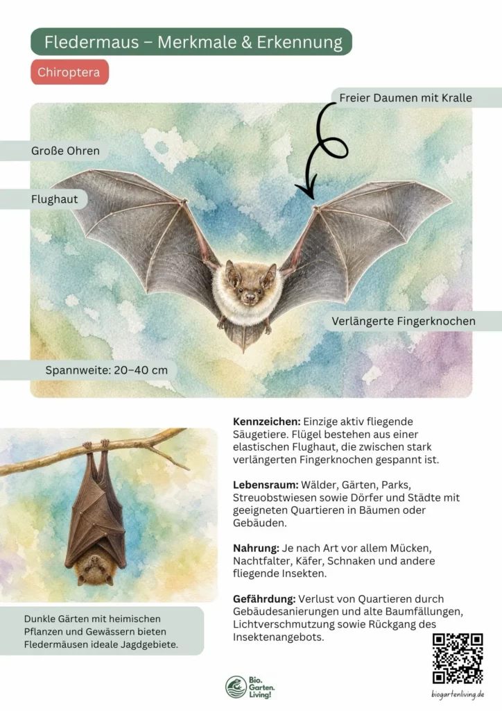 Steckbrief heimischer Fledermäuse mit beschrifteter Illustration zu den wichtigsten Erkennungsmerkmalen, Lebensraum, Nahrung und Gefährdung.
