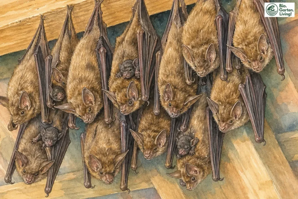 Fledermausweibchen und Jungtiere hängen gemeinsam in einer Wochenstube