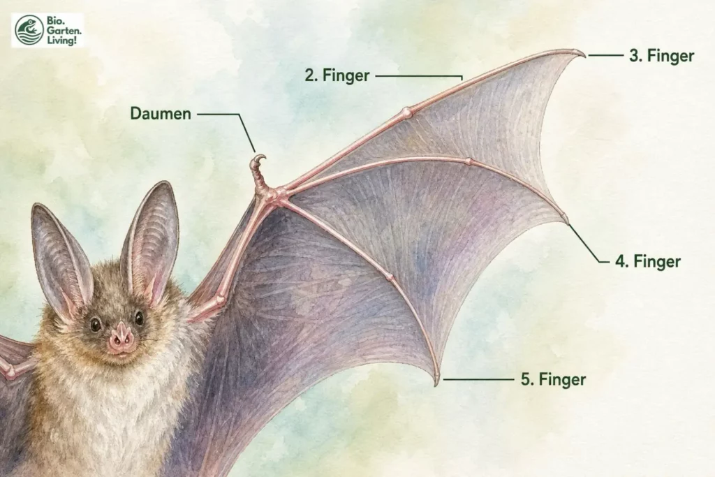Beschriftete Fingerknochen im Flügel einer Fledermaus