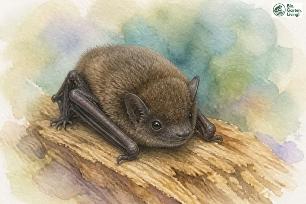 Junge Fledermaus mit kurzen gefalteten Flügeln auf einem Holzstück