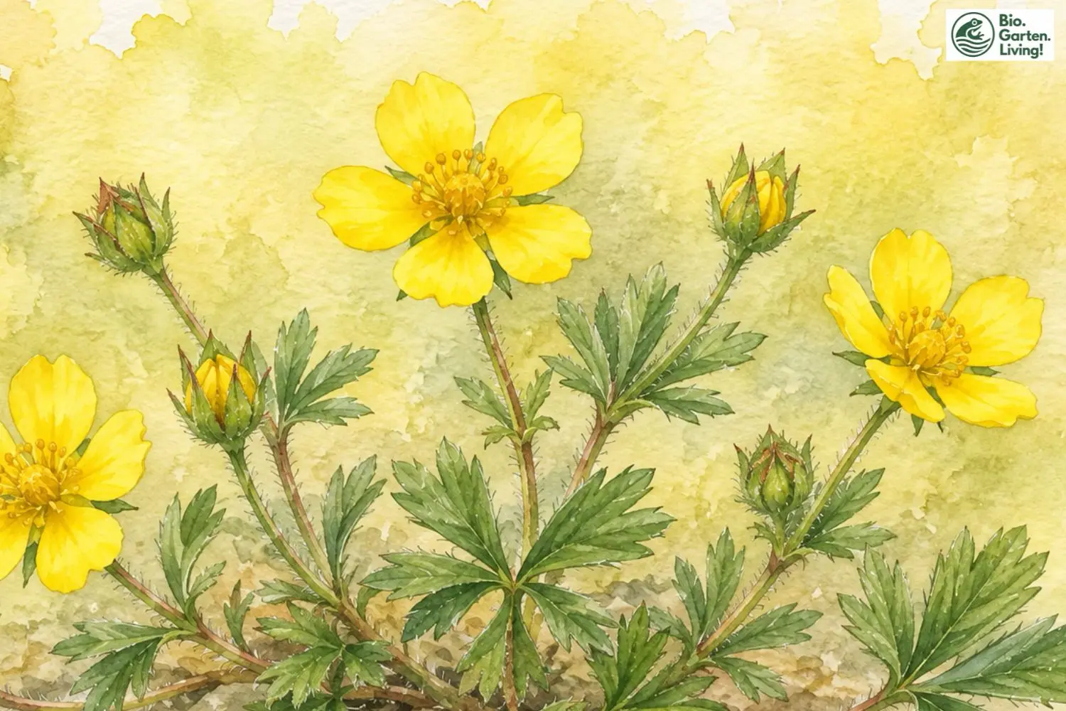 Aquarellillustration des Frühlings-Fingerkrauts (Potentilla neumanniana)