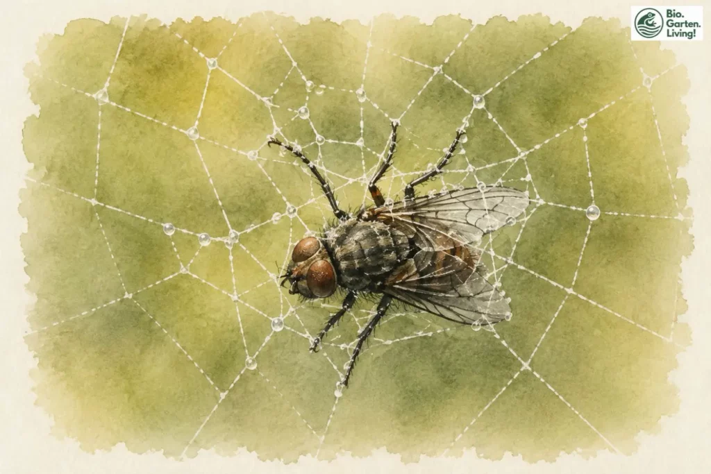 Fliege hat sich im Fangnetz einer Gartenkreuzspinne verfangen