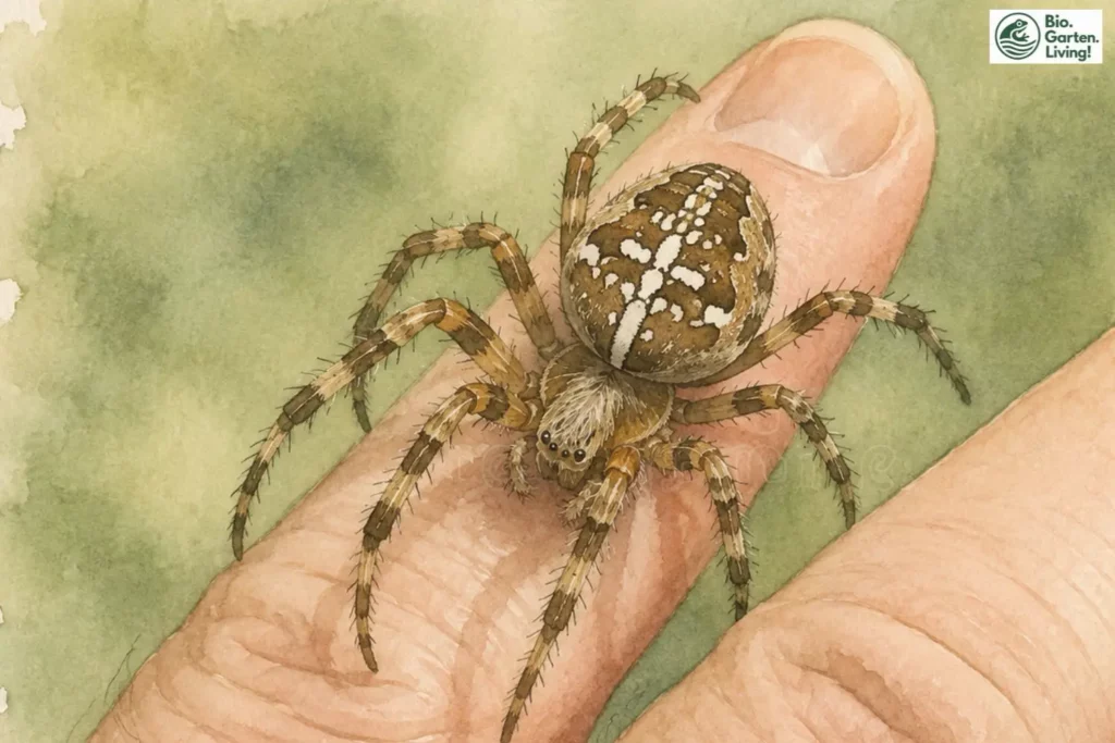 Gartenkreuzspinne sitzt auf einer menschlichen Hand