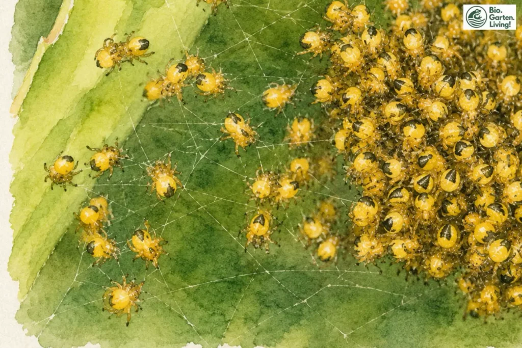 Gelb-schwarze Jungspinnen der Gartenkreuzspinne dicht gedrängt auf einem Blatt