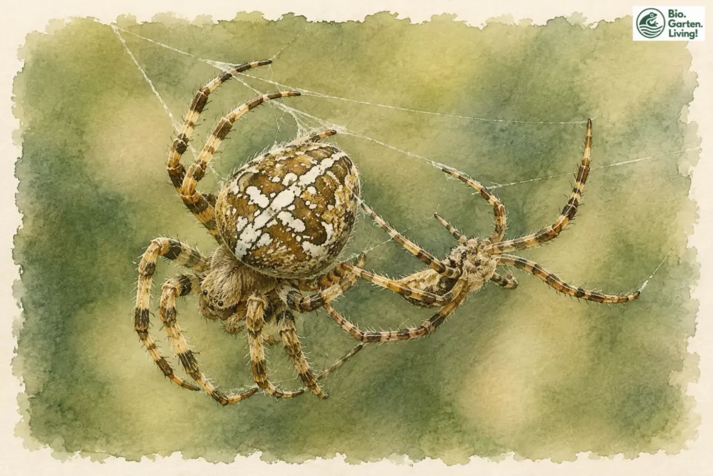 Kleines Männchen nähert sich einem größeren Gartenkreuzspinnen-Weibchen