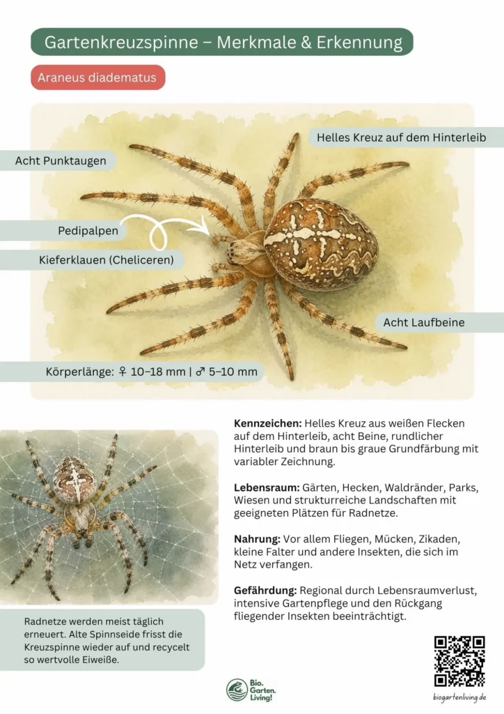 Steckbrief der Gartenkreuzspinne (Araneus diadematus) mit beschrifteten Merkmalen zu Körperbau, Erkennungsmerkmalen, Lebensraum, Nahrung und Gefährdung.
