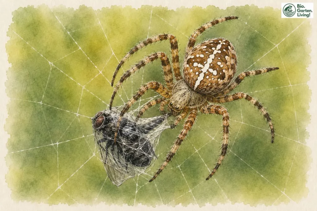 Gartenkreuzspinne wickelt eine gefangene Fliege mit Spinnseide ein