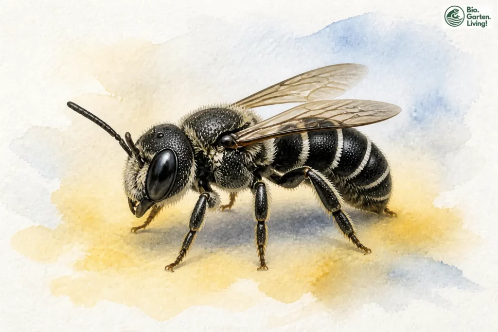 Aquarell der Gekerbten Löcherbiene (Heriades crenulata)