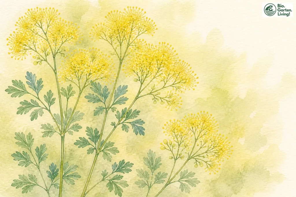 Aquarellillustration der Gelben Wiesenraute (Thalictrum flavum)