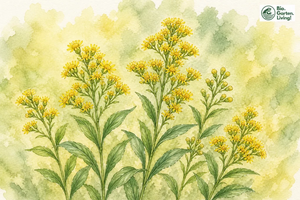 Aquarellillustration der Gewöhnlichen Goldrute (Solidago virgaurea) mit gelben Blütenständen