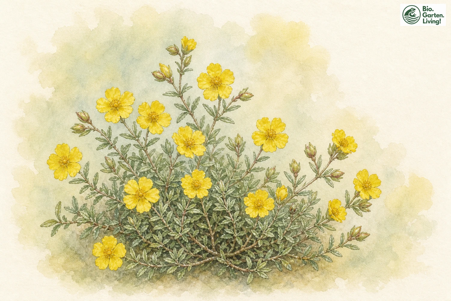 Aquarellillustration des Gewöhnlichen Sonnenröschens (Helianthemum nummularium) mit gelben Blüten