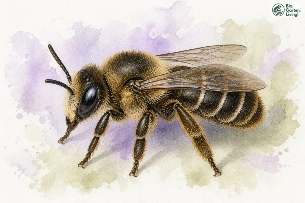 Aquarell der Glockenblumen-Sägehornbiene (Melitta haemorrhoidalis)