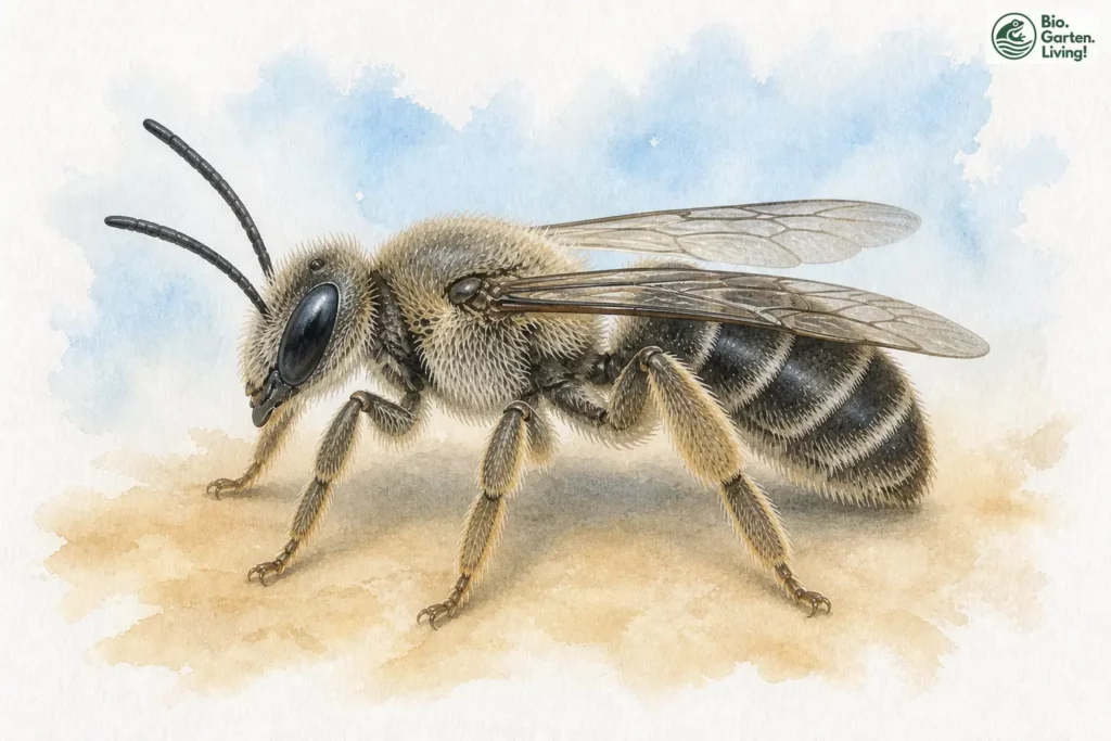 Aquarell der Grauen Schuppensandbiene (Andrena pandellei)