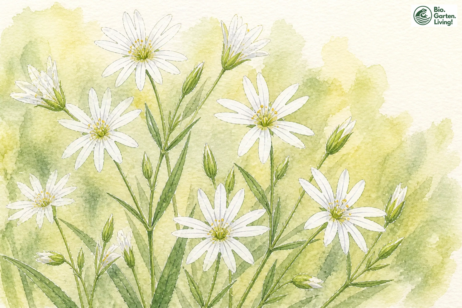 Aquarellillustration der Großen Sternmiere (Stellaria holostea)