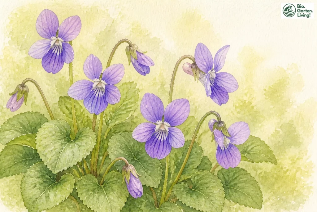 Aquarellillustration des Hain-Veilchens (Viola riviniana) mit hellvioletten Blüten