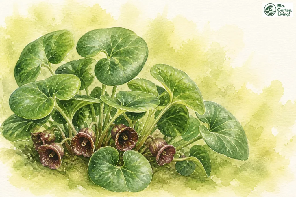 Aquarellillustration der Heimischen Haselwurz (Asarum europaeum) mit herzförmigen Blättern