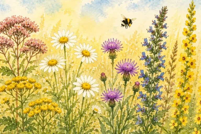 25 heimische Wildstauden für sonnige Standorte Aquarellillustration einer blütenreichen heimischen Wildblumenwiese mit Wildbienen