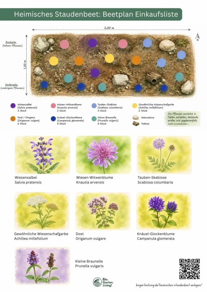 Beetplan und Einkaufsliste für ein heimisches Staudenbeet mit sieben Wildstaudenarten.