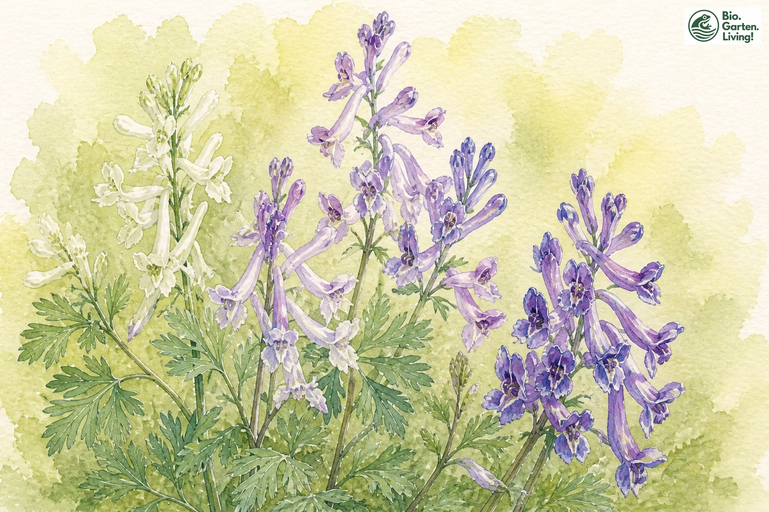 Aquarellillustration des Hohlen Lerchensporns (Corydalis cava)