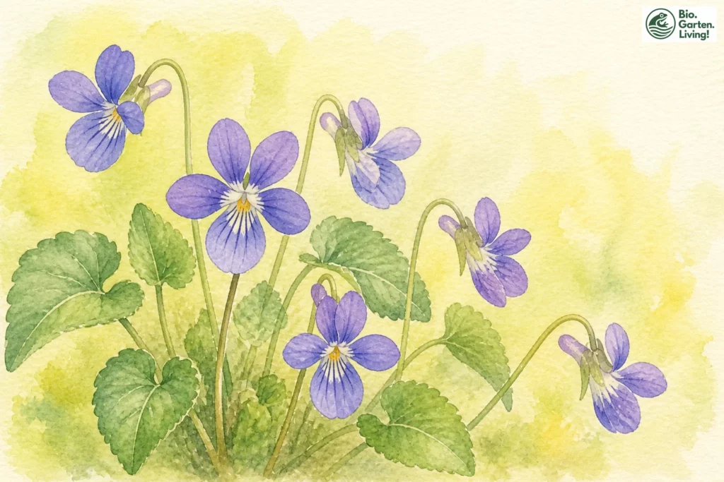 Aquarellillustration des Hunds-Veilchens (Viola canina) mit blauvioletten Blüten