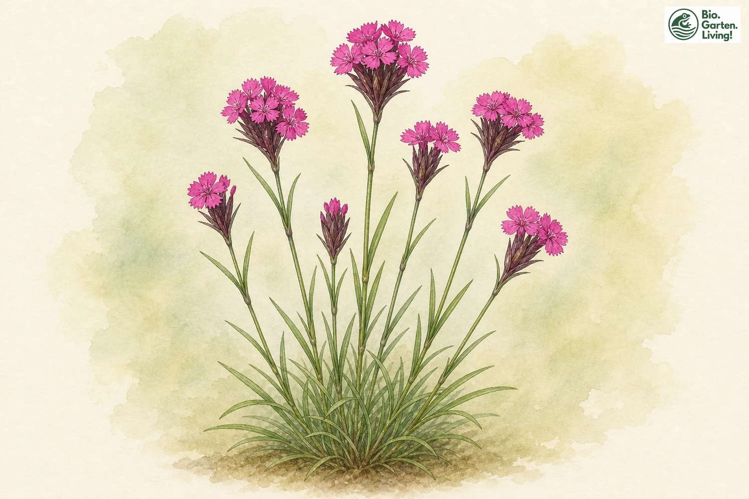 Aquarellillustration der Kartäuser-Nelke (Dianthus carthusianorum) mit magentafarbenen Blütenständen