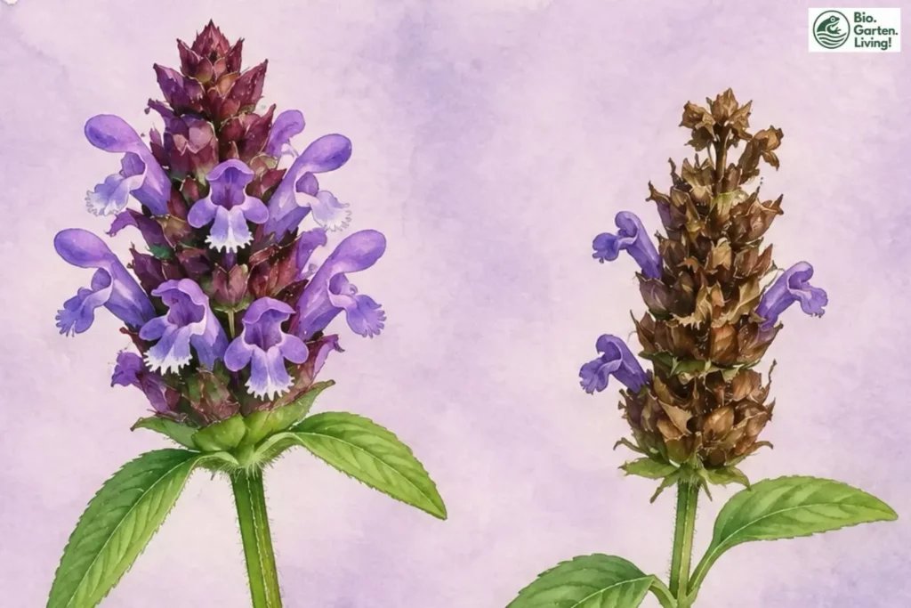 Botanische Aquarellillustration der Kleinen Braunelle (Prunella vulgaris) mit Blüte und Fruchtstand